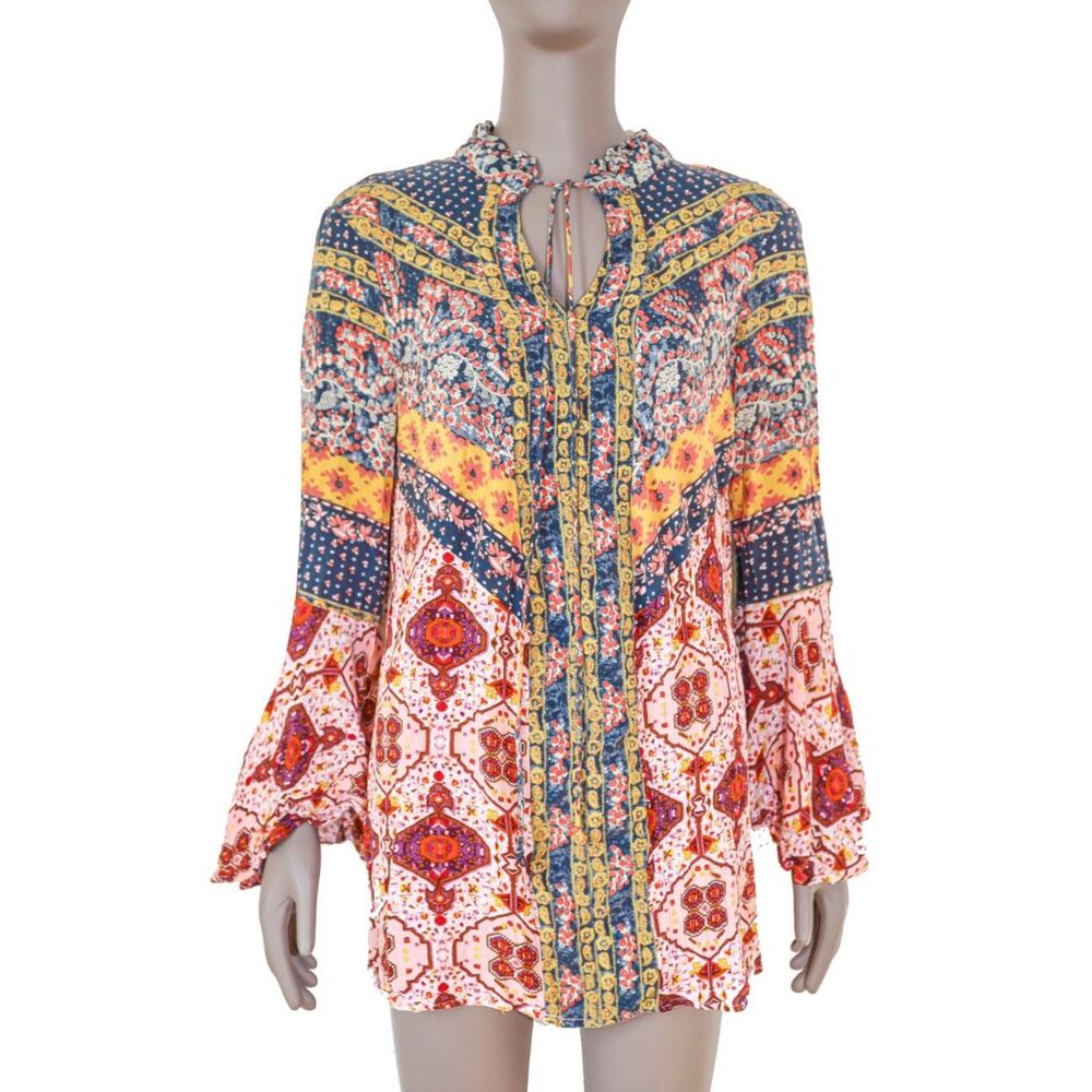 Boho Festival Floral Long Sleeve Summer Casual Everyday Tunic Blouse Size‎ Small